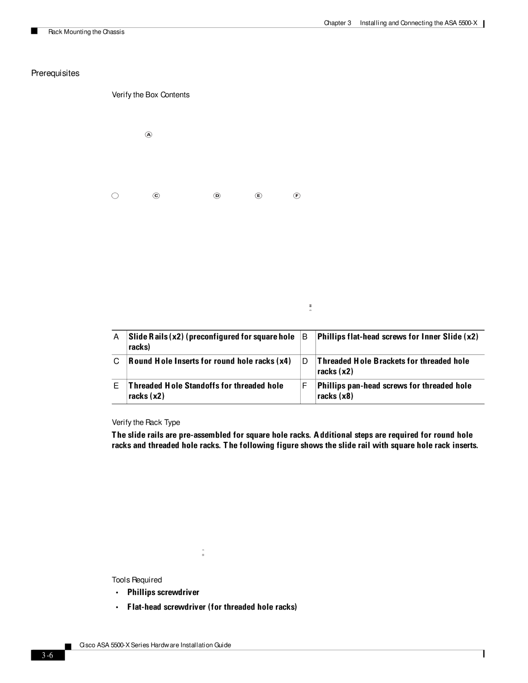 Cisco Systems ASA5555IPSK9, ASA5515K9, kygjygcjgf manual Verify the Box Contents, Verify the Rack Type, Tools Required 