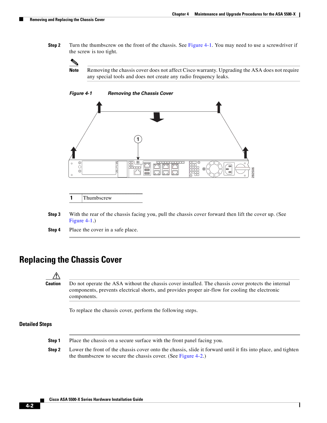 Cisco Systems kygjygcjgf, ASA5515K9, ASA5525IPSK9, ASA5512AW1YPR Replacing the Chassis Cover, Removing the Chassis Cover 