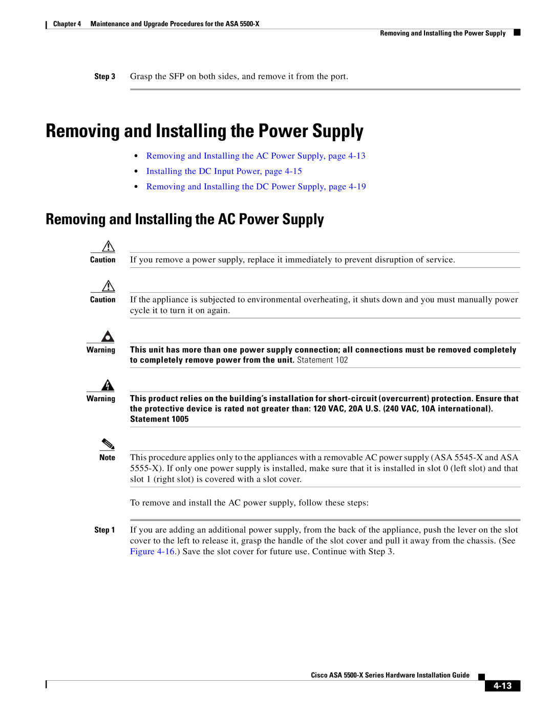 Cisco Systems ASA5525IPSK9 manual Removing and Installing the Power Supply, Removing and Installing the AC Power Supply 