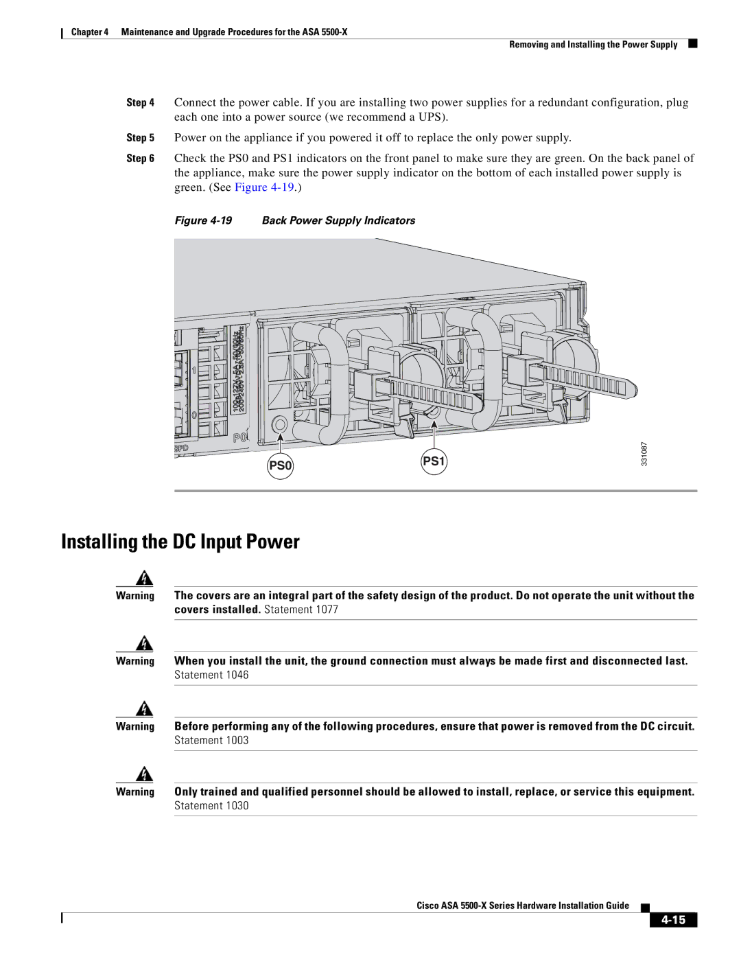 Cisco Systems ASA5555IPSK9, ASA5515K9, kygjygcjgf, ASA5525IPSK9 Installing the DC Input Power, Back Power Supply Indicators 