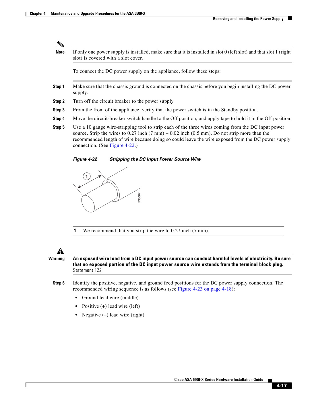 Cisco Systems kygjygcjgf, ASA5515K9, ASA5525IPSK9, ASA5512AW1YPR, ASA5555IPSK9 manual Stripping the DC Input Power Source Wire 
