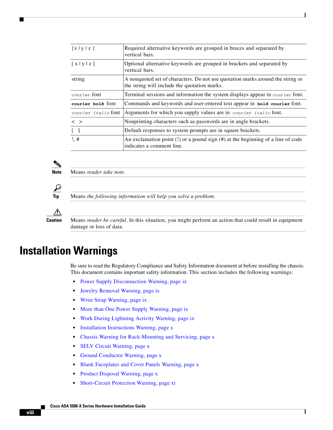 Cisco Systems ASA5512AW1YPR, ASA5515K9, kygjygcjgf, ASA5525IPSK9, ASA5555IPSK9 manual Installation Warnings, Viii 