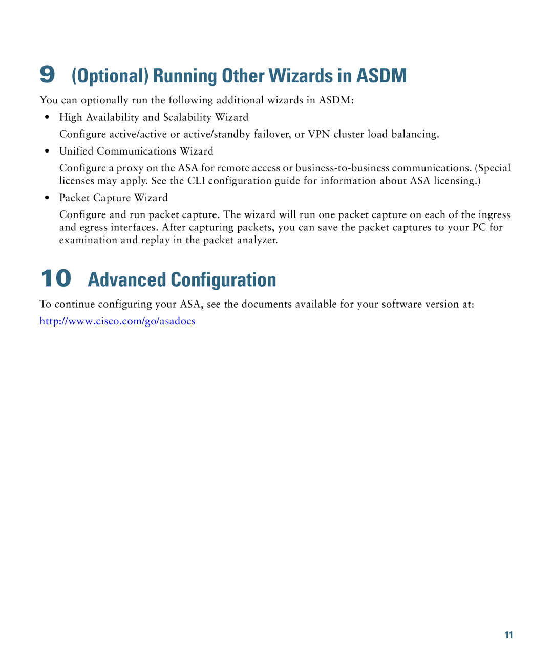 Cisco Systems 5585-X, ASA5585S60P60SK9, 5580 quick start Optional Running Other Wizards in Asdm, Advanced Configuration 