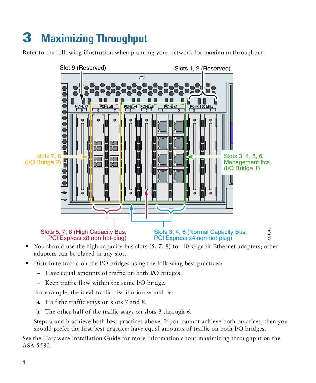 Cisco Systems 5580, 5585-X Maximizing Throughput, Slots 7, Slots 3, 4, 5, I/O Bridge, PCI Express x8 non-hot-plug 
