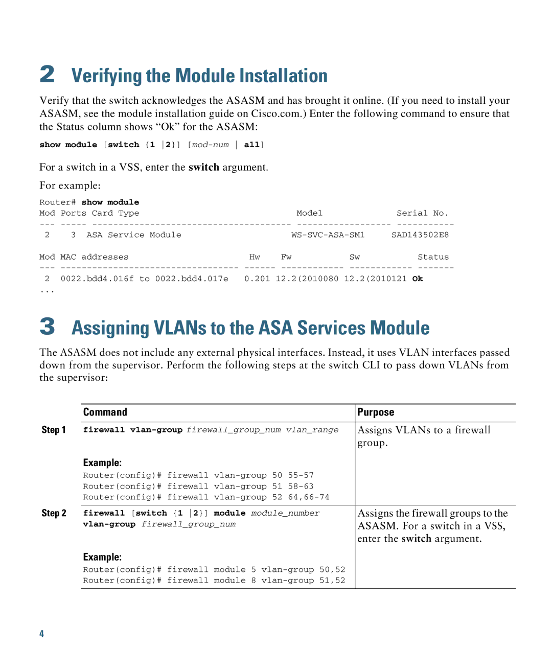 Cisco Systems ASASSMCSC10K9 quick start Verifying the Module Installation, Assigning VLANs to the ASA Services Module 