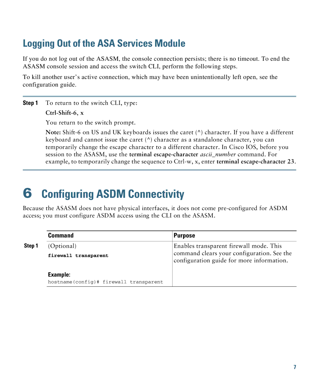 Cisco Systems ASASSMCSC10K9 quick start Configuring Asdm Connectivity, Logging Out of the ASA Services Module 