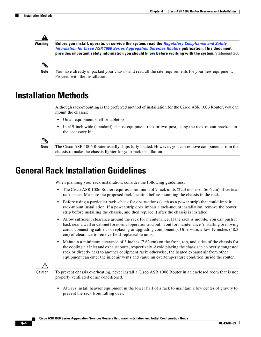 Cisco Systems ASR 1000 Series manual Installation Methods, General Rack Installation Guidelines 