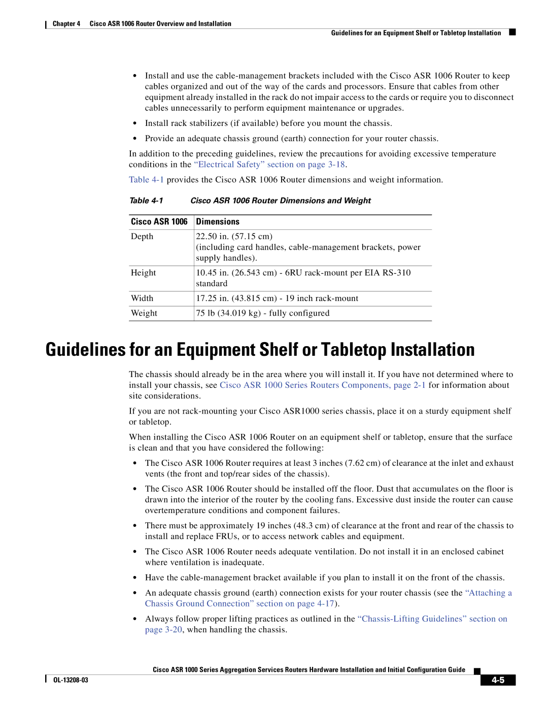 Cisco Systems ASR 1000 Series manual Guidelines for an Equipment Shelf or Tabletop Installation, Dimensions 