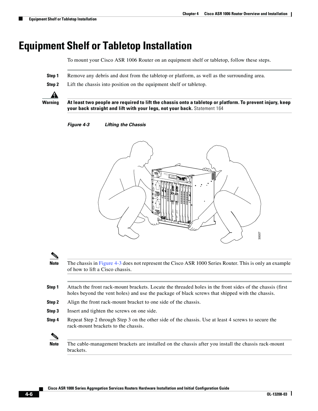 Cisco Systems ASR 1000 Series manual Equipment Shelf or Tabletop Installation, Lifting the Chassis 