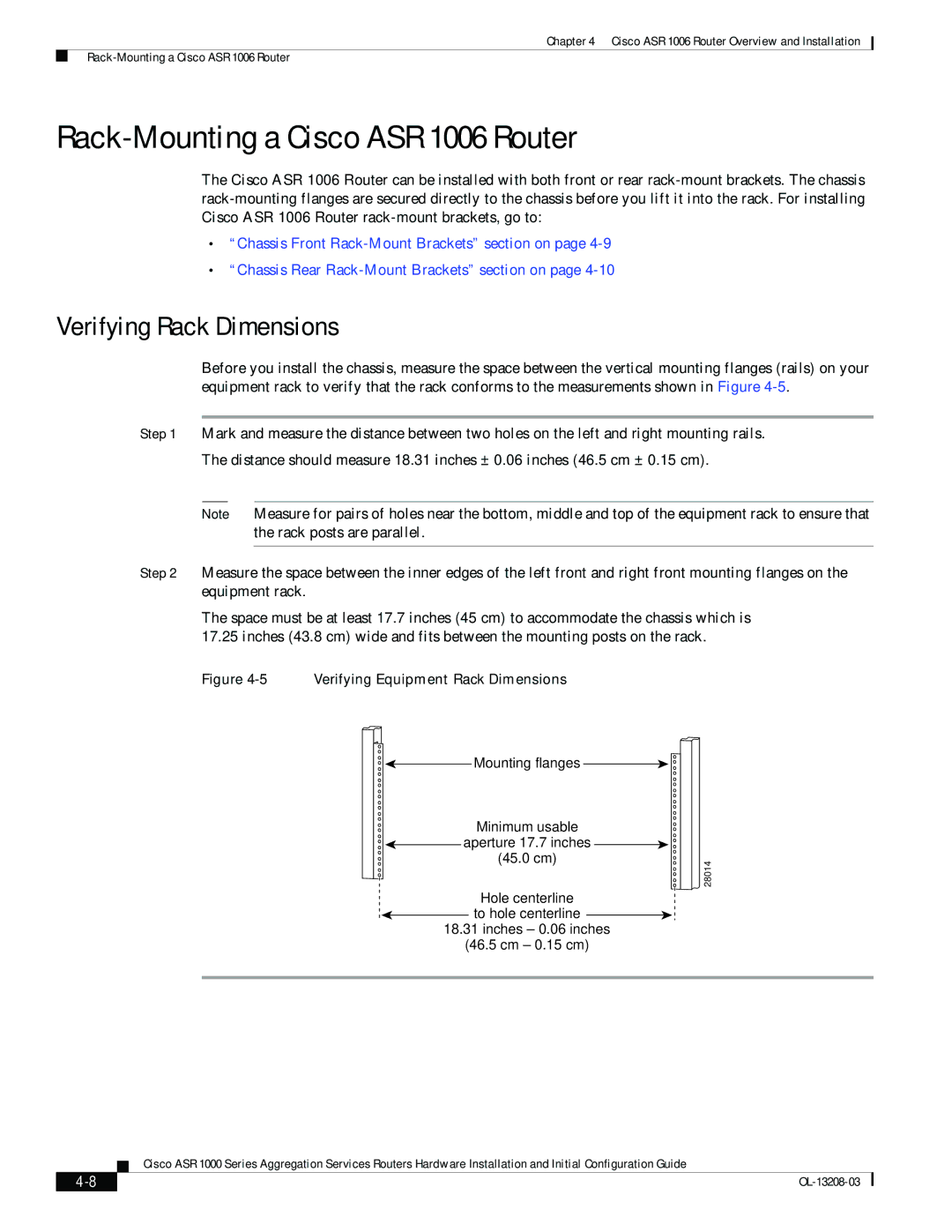 Cisco Systems ASR 1000 Series manual Rack-Mounting a Cisco ASR 1006 Router, Verifying Rack Dimensions 