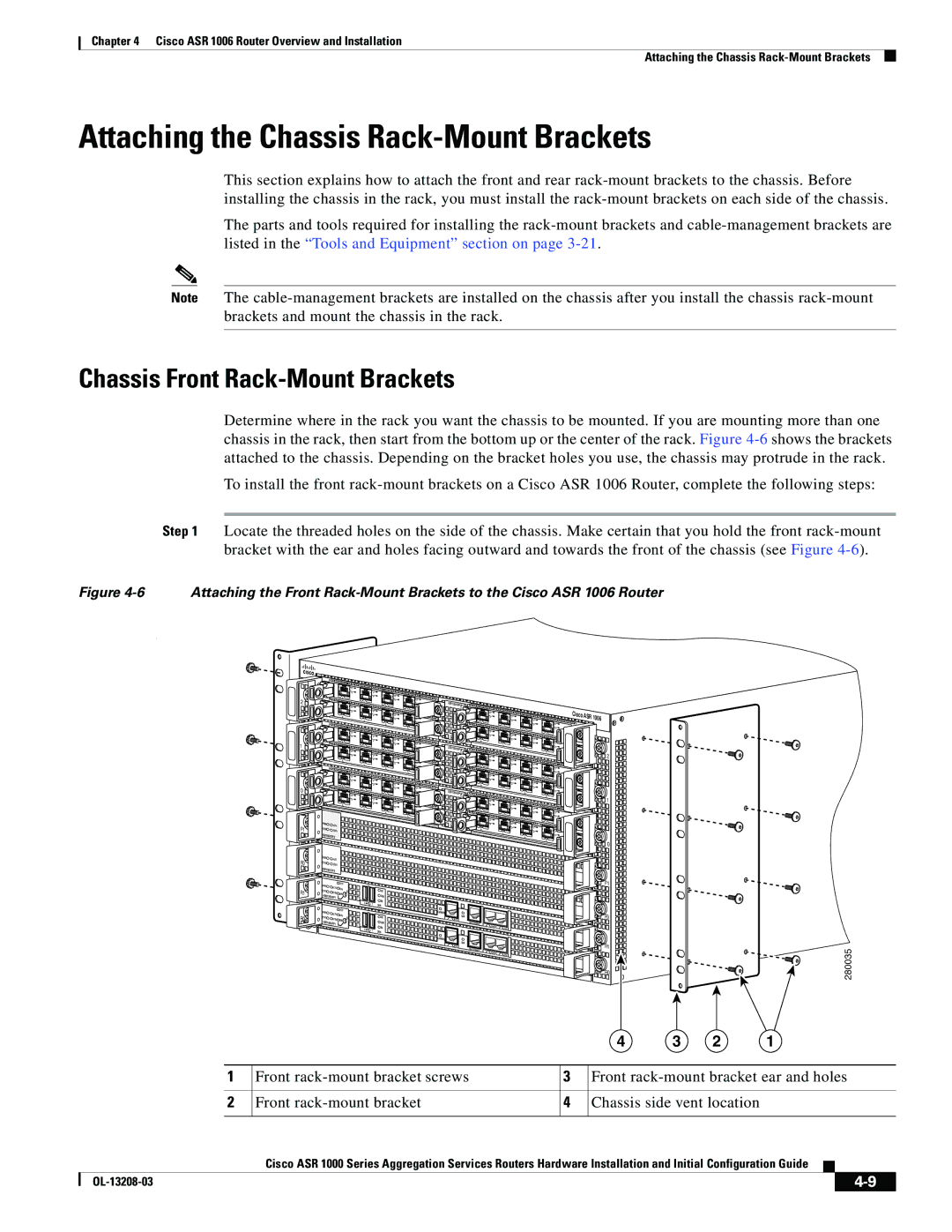 Cisco Systems ASR 1000 Series manual Attaching the Chassis Rack-Mount Brackets, Chassis Front Rack-Mount Brackets 