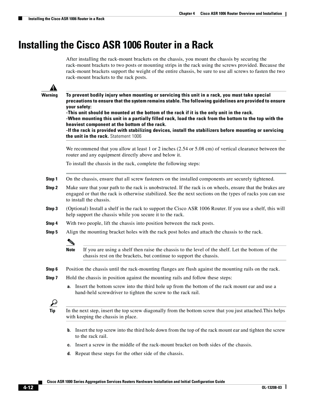 Cisco Systems ASR 1000 Series manual Installing the Cisco ASR 1006 Router in a Rack 