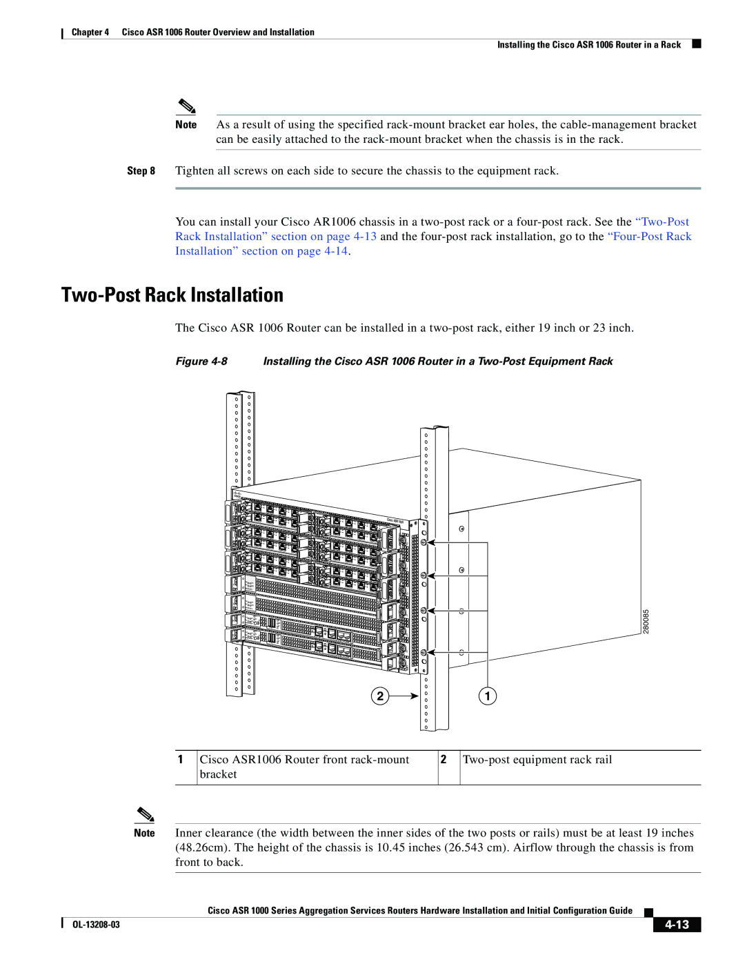 Cisco Systems ASR 1000 Series manual Two-Post Rack Installation, 280085 