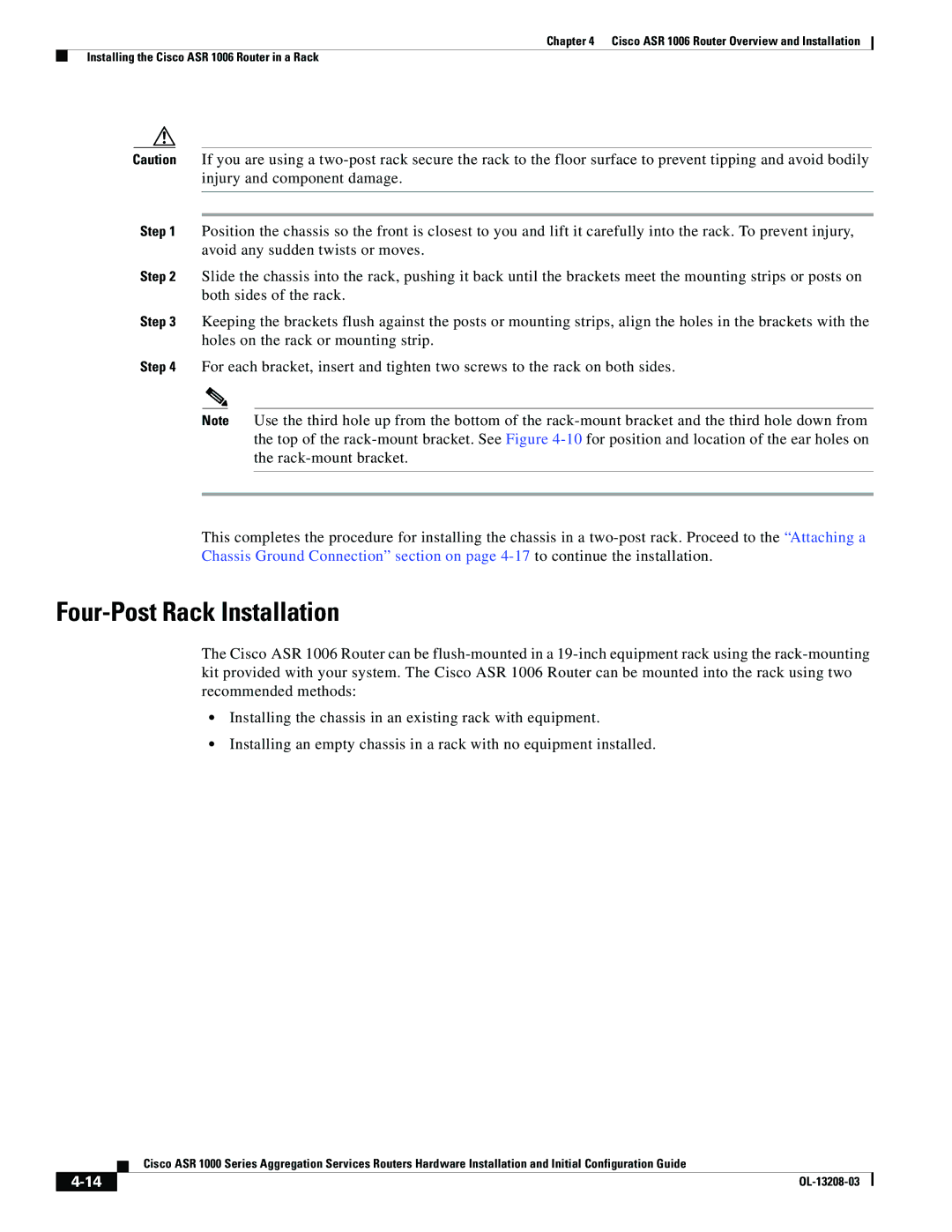 Cisco Systems ASR 1000 Series manual Four-Post Rack Installation 