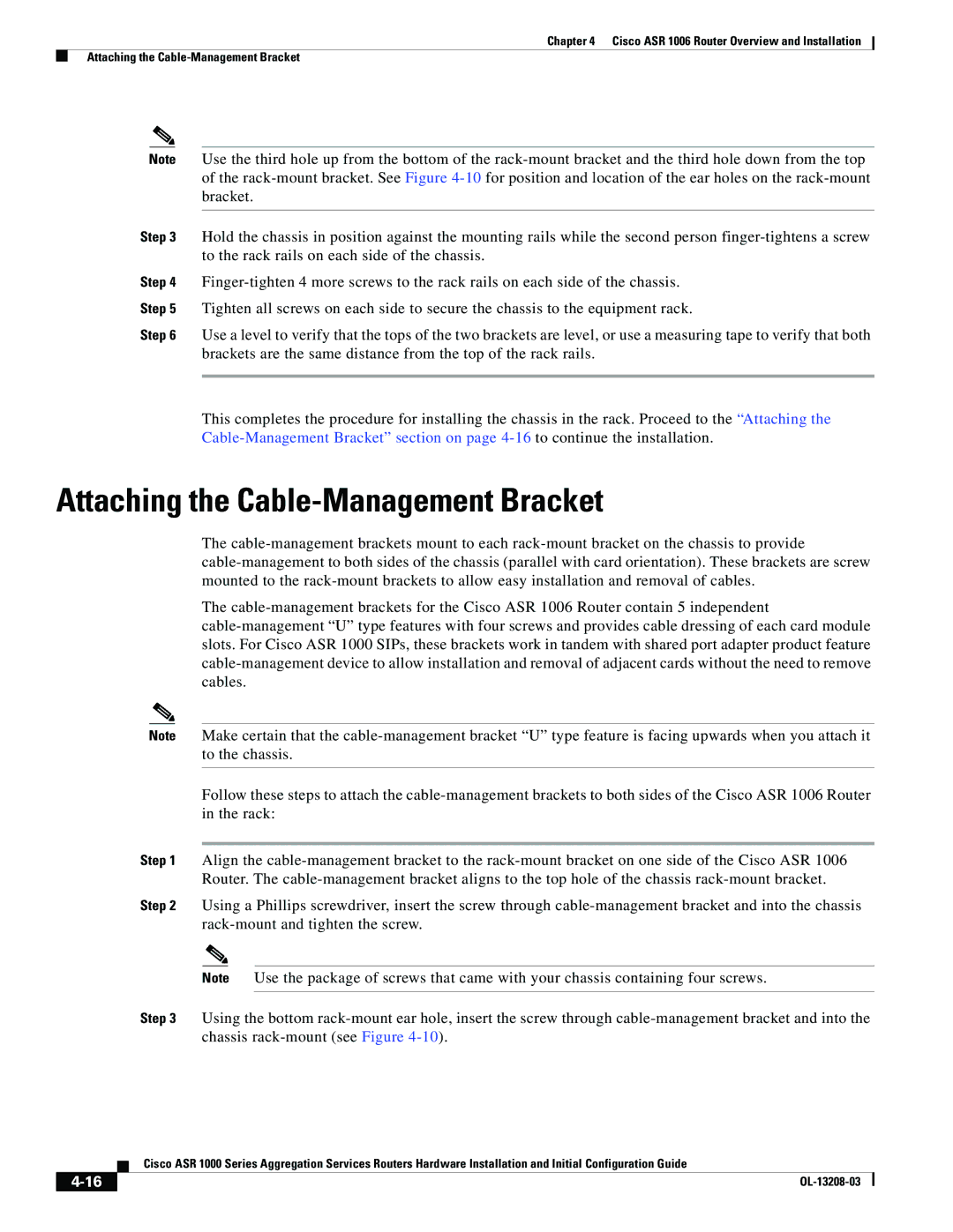 Cisco Systems ASR 1000 Series manual Attaching the Cable-Management Bracket 