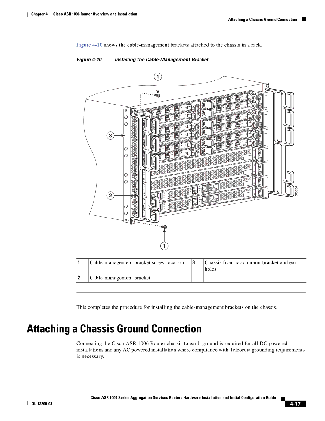 Cisco Systems ASR 1000 Series manual Attaching a Chassis Ground Connection, Installing the Cable-Management Bracket 