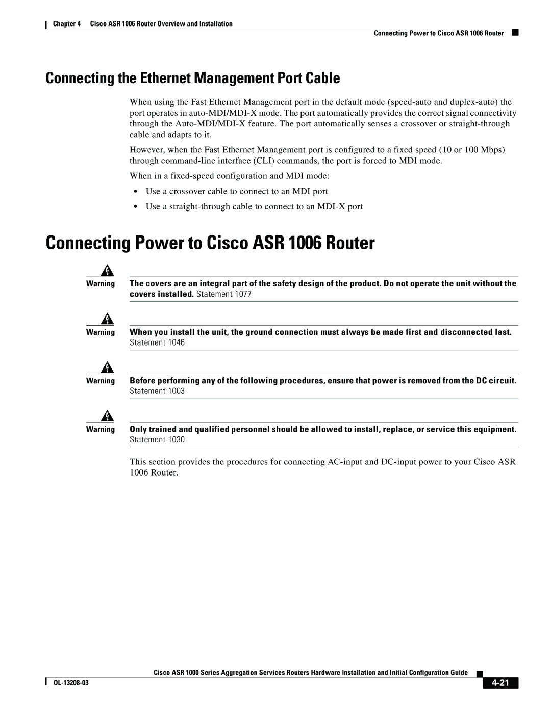 Cisco Systems ASR 1000 Series Connecting Power to Cisco ASR 1006 Router, Connecting the Ethernet Management Port Cable 