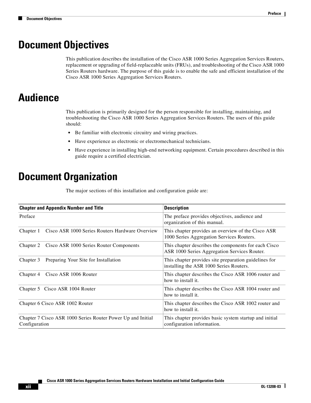 Cisco Systems ASR 1000 Series manual Document Objectives, Audience, Document Organization, Xii 