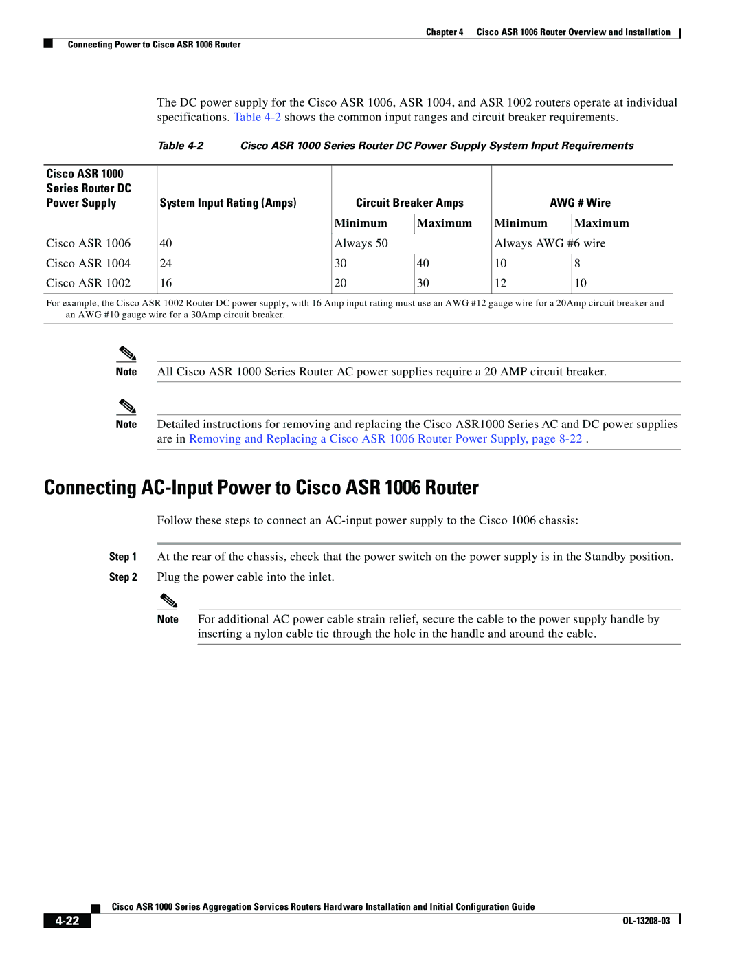 Cisco Systems ASR 1000 Series Connecting AC-Input Power to Cisco ASR 1006 Router, Cisco ASR Always Always AWG #6 wire 