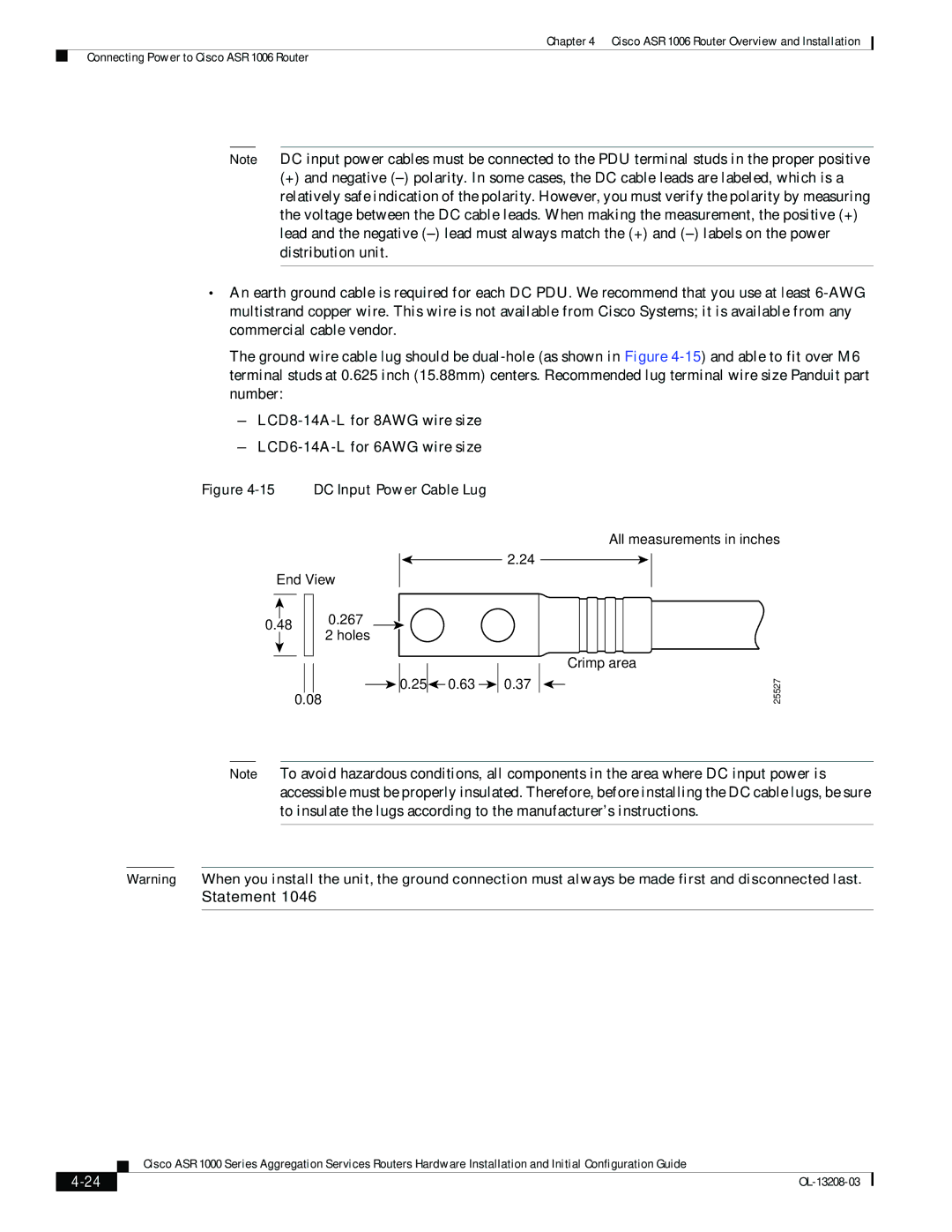 Cisco Systems ASR 1000 Series manual DC Input Power Cable Lug 