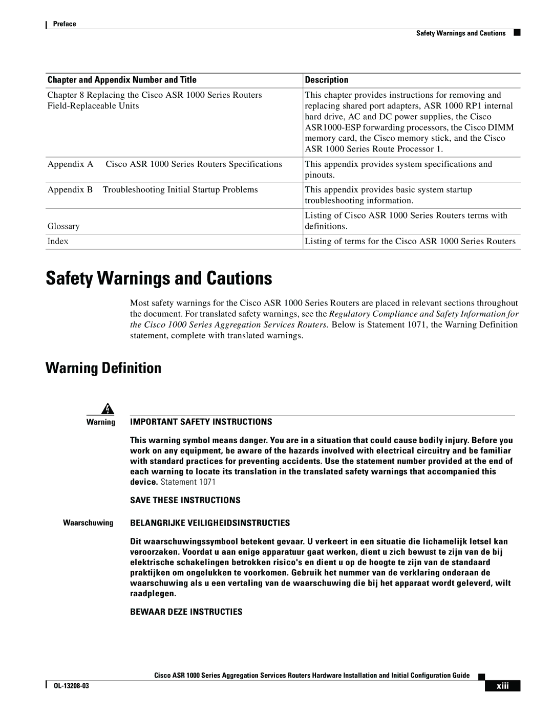 Cisco Systems ASR 1000 Series manual Safety Warnings and Cautions, Xiii 