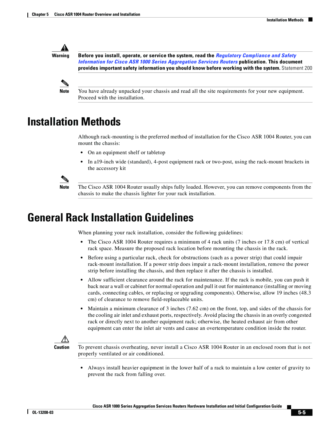 Cisco Systems ASR 1000 Series manual Installation Methods 