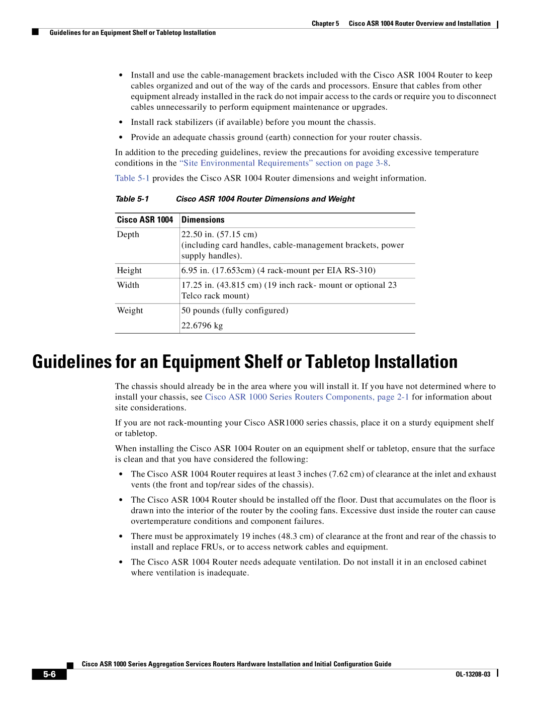 Cisco Systems ASR 1000 Series manual Guidelines for an Equipment Shelf or Tabletop Installation 