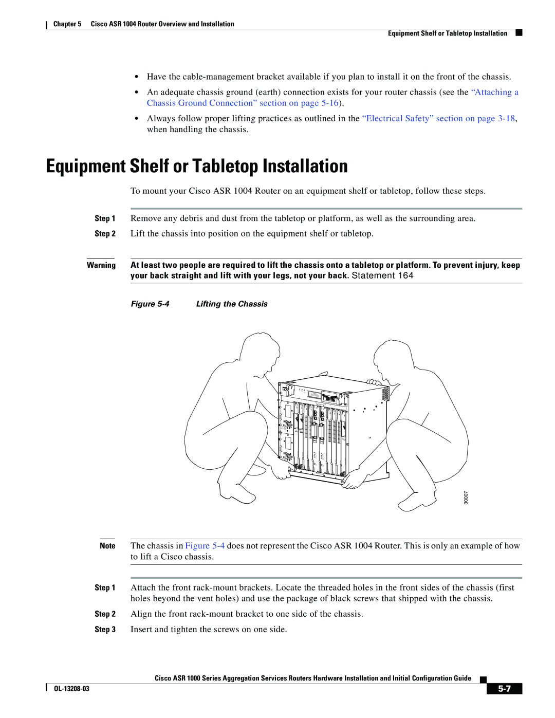 Cisco Systems ASR 1000 Series manual Equipment Shelf or Tabletop Installation 