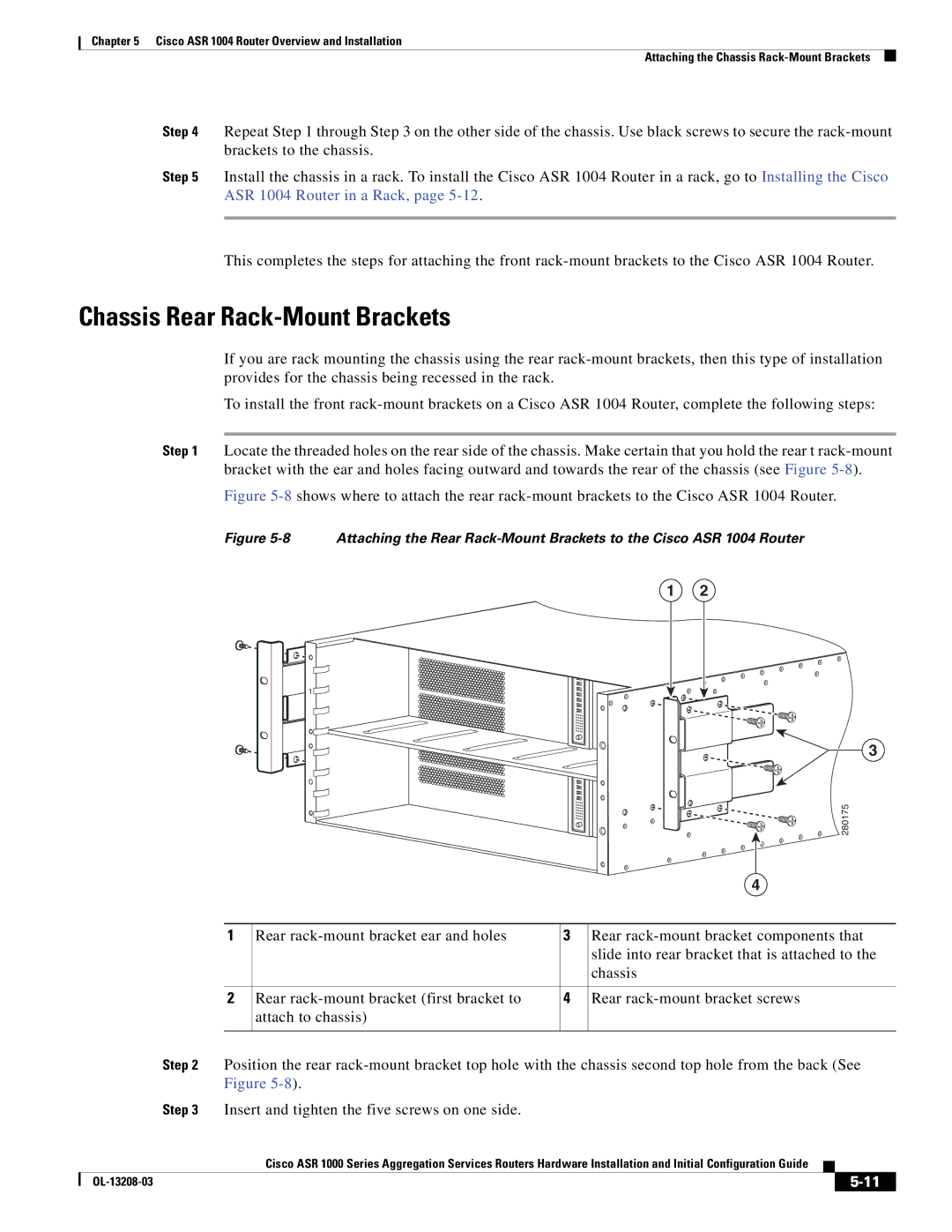 Cisco Systems ASR 1000 Series manual Chassis Rear Rack-Mount Brackets 