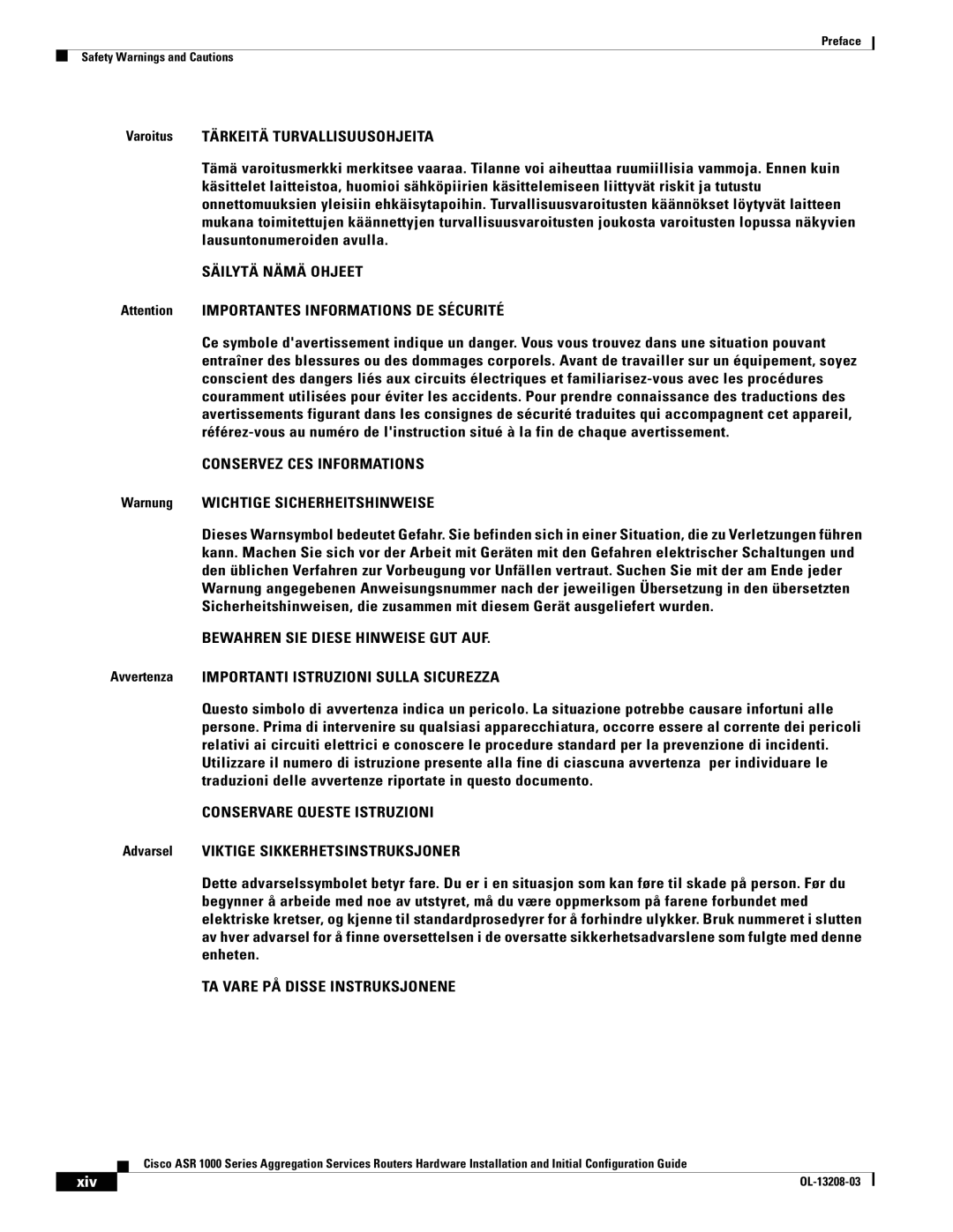 Cisco Systems ASR 1000 Series Warnung Wichtige Sicherheitshinweise, Avvertenza Importanti Istruzioni Sulla Sicurezza, Xiv 