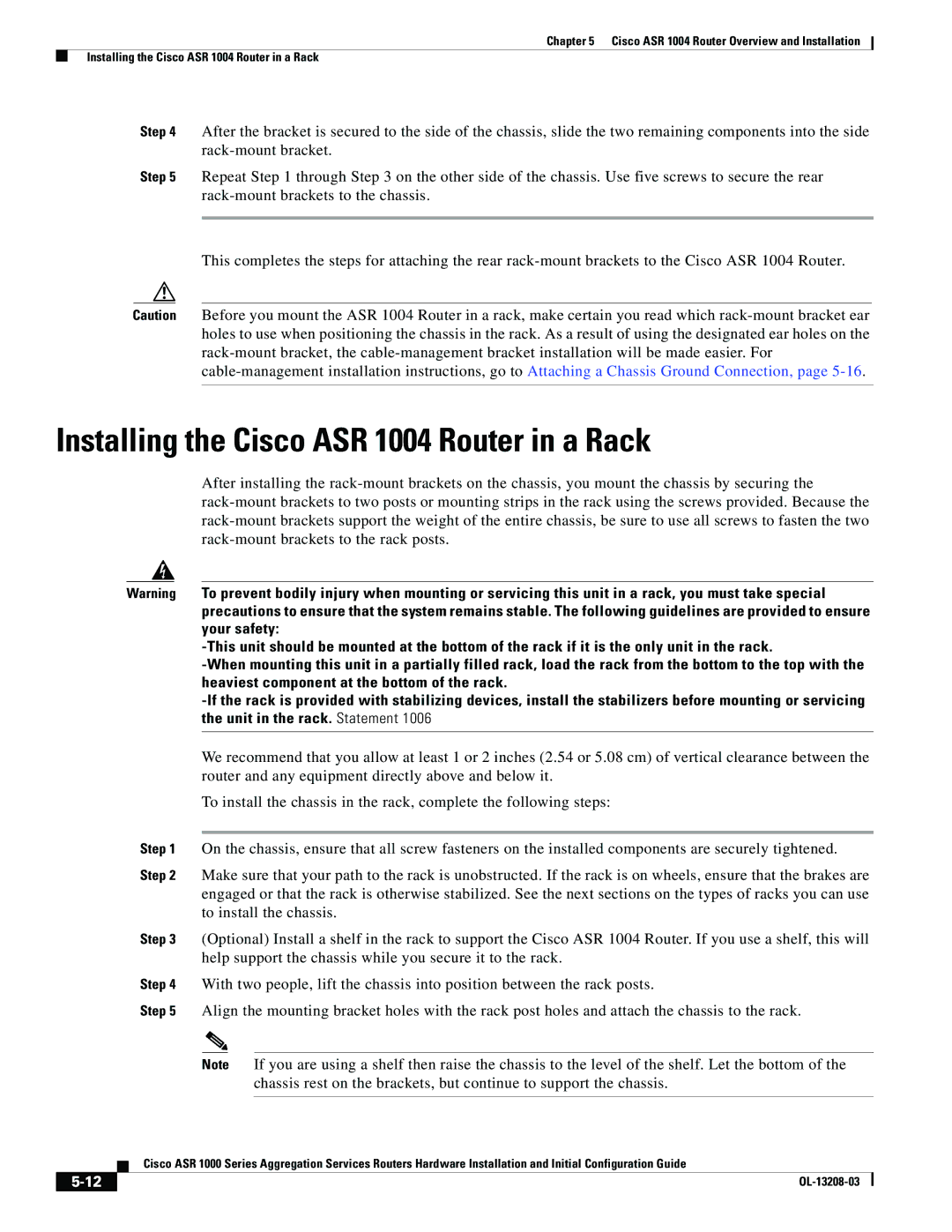 Cisco Systems ASR 1000 Series manual Installing the Cisco ASR 1004 Router in a Rack 