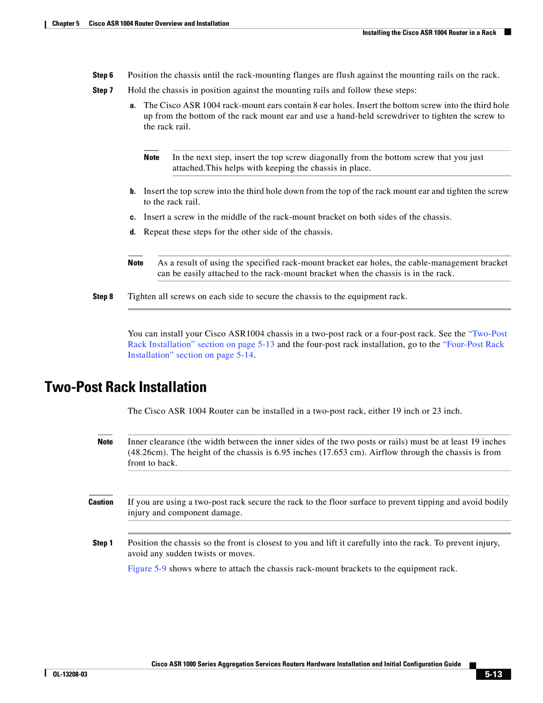 Cisco Systems ASR 1000 Series manual Two-Post Rack Installation 