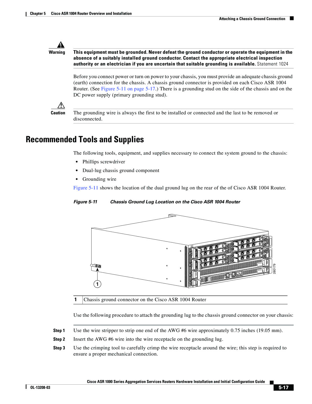 Cisco Systems ASR 1000 Series manual Chassis Ground Lug Location on the Cisco ASR 1004 Router 