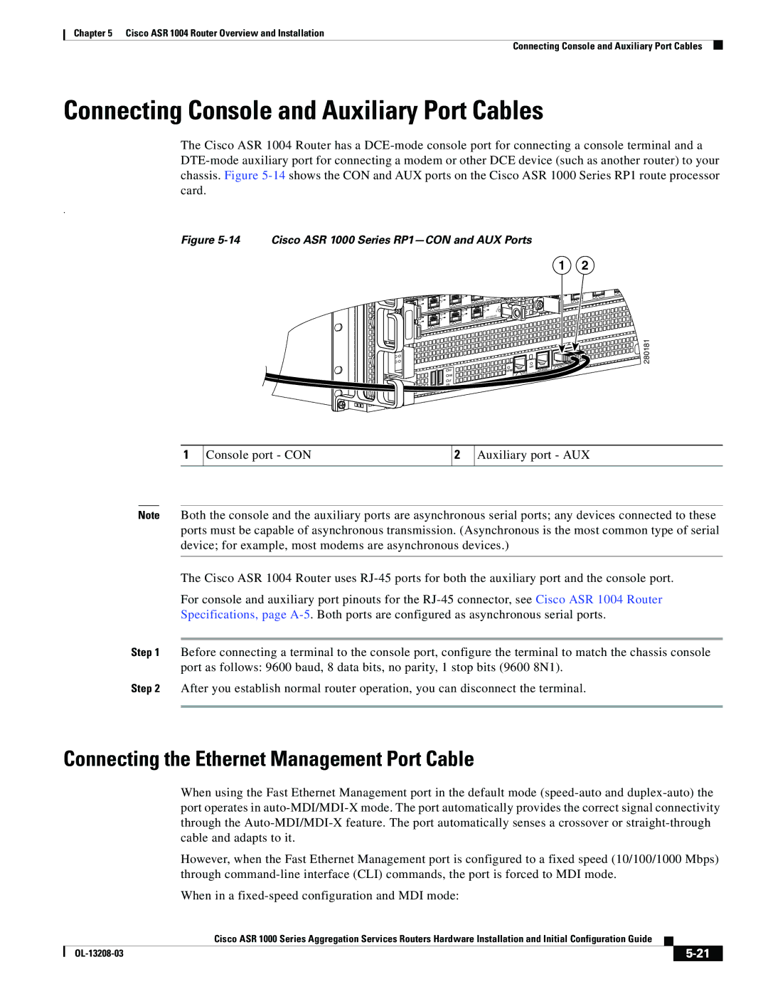 Cisco Systems manual Cisco ASR 1000 Series RP1-CON and AUX Ports 