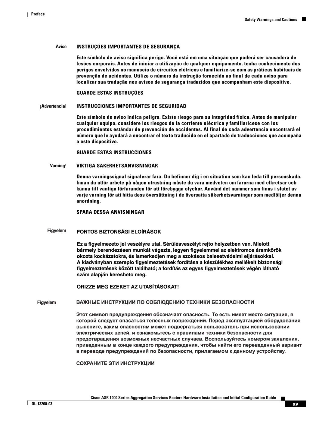 Cisco Systems ASR 1000 Series manual Aviso Instruções Importantes DE Segurança, Guarde Estas Instruções 