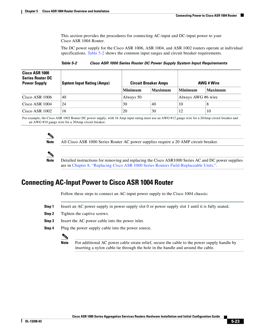 Cisco Systems ASR 1000 Series Connecting AC-Input Power to Cisco ASR 1004 Router, Cisco ASR Always Always AWG #6 wire 