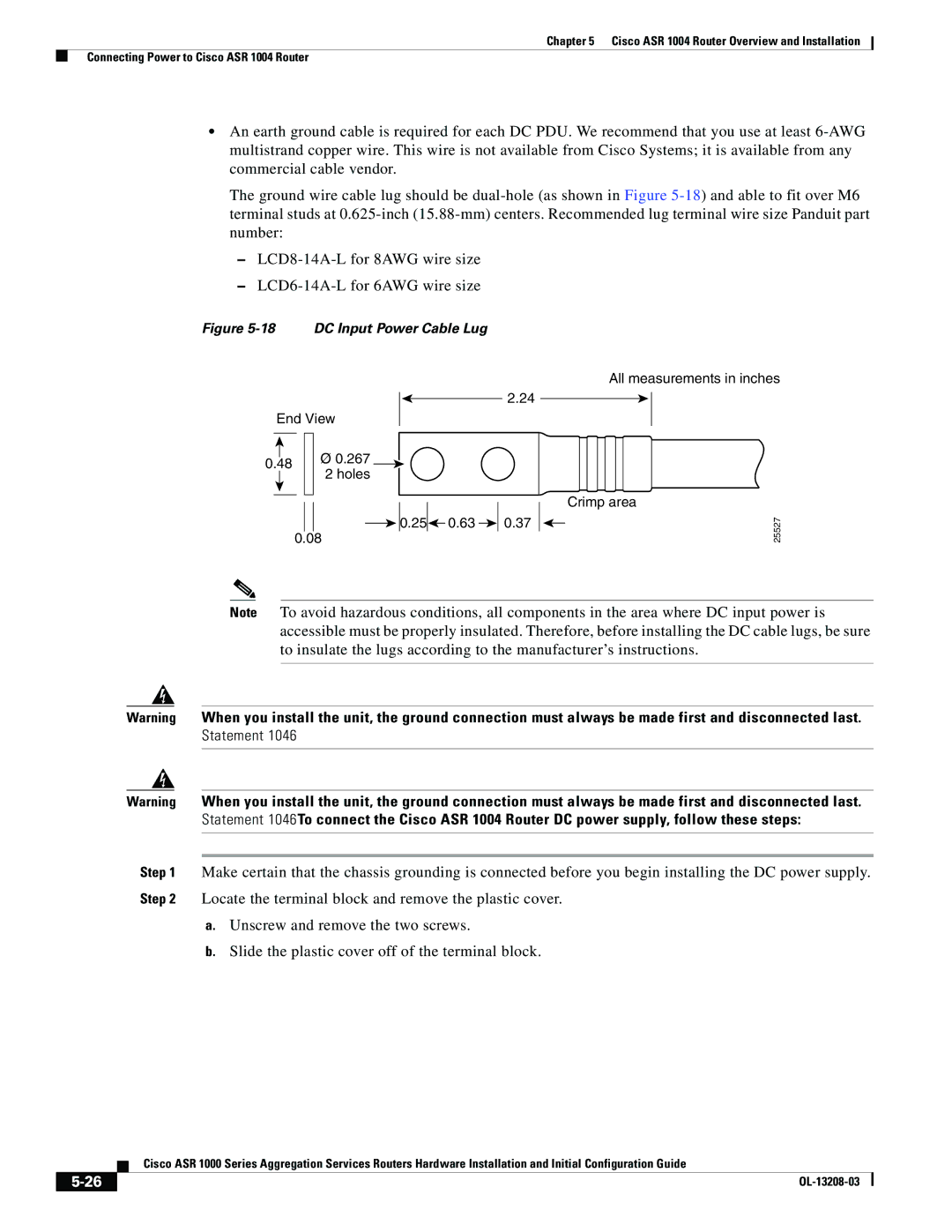 Cisco Systems ASR 1000 Series manual DC Input Power Cable Lug 