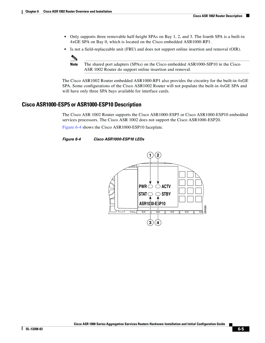 Cisco Systems ASR 1000 Series Cisco ASR1000-ESP5 or ASR1000-ESP10 Description, 4shows the Cisco ASR1000-ESP10 faceplate 