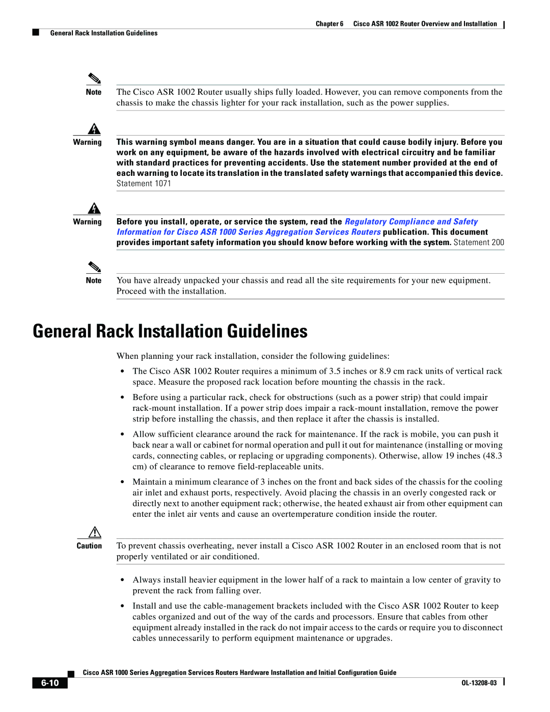 Cisco Systems ASR 1000 Series manual General Rack Installation Guidelines 