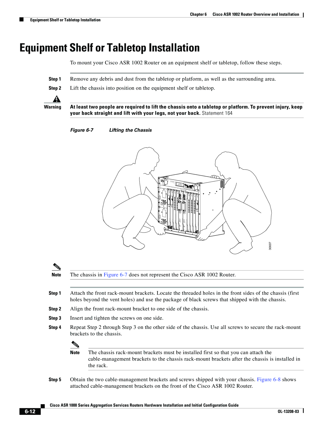 Cisco Systems ASR 1000 Series manual Equipment Shelf or Tabletop Installation 