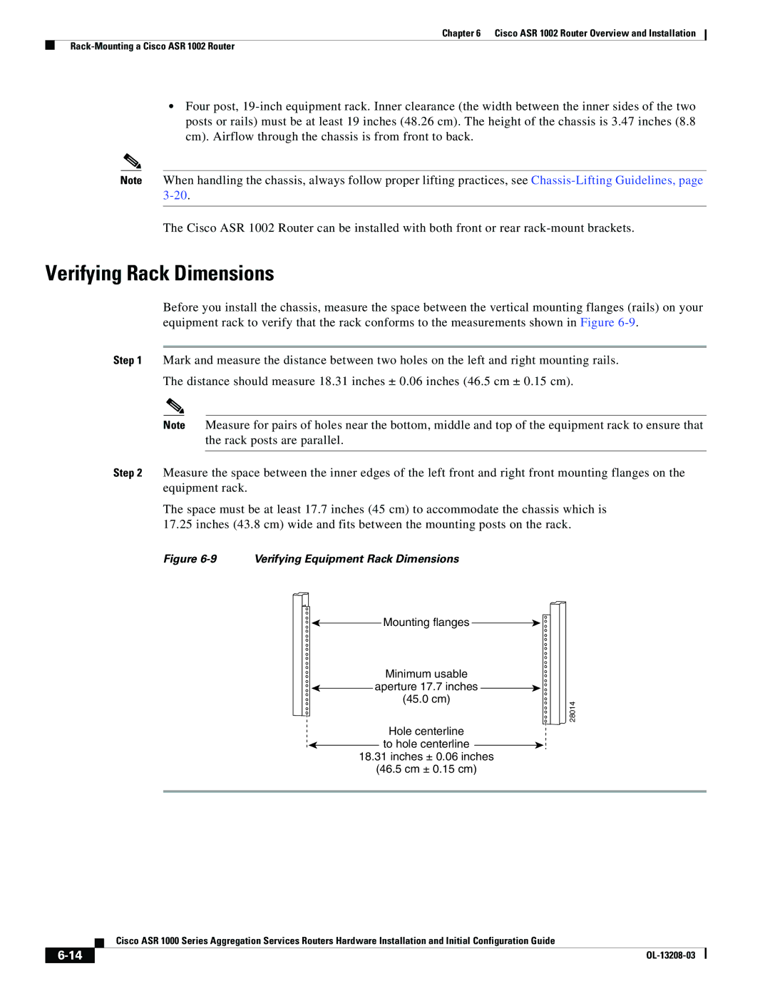 Cisco Systems ASR 1000 Series manual Verifying Rack Dimensions 