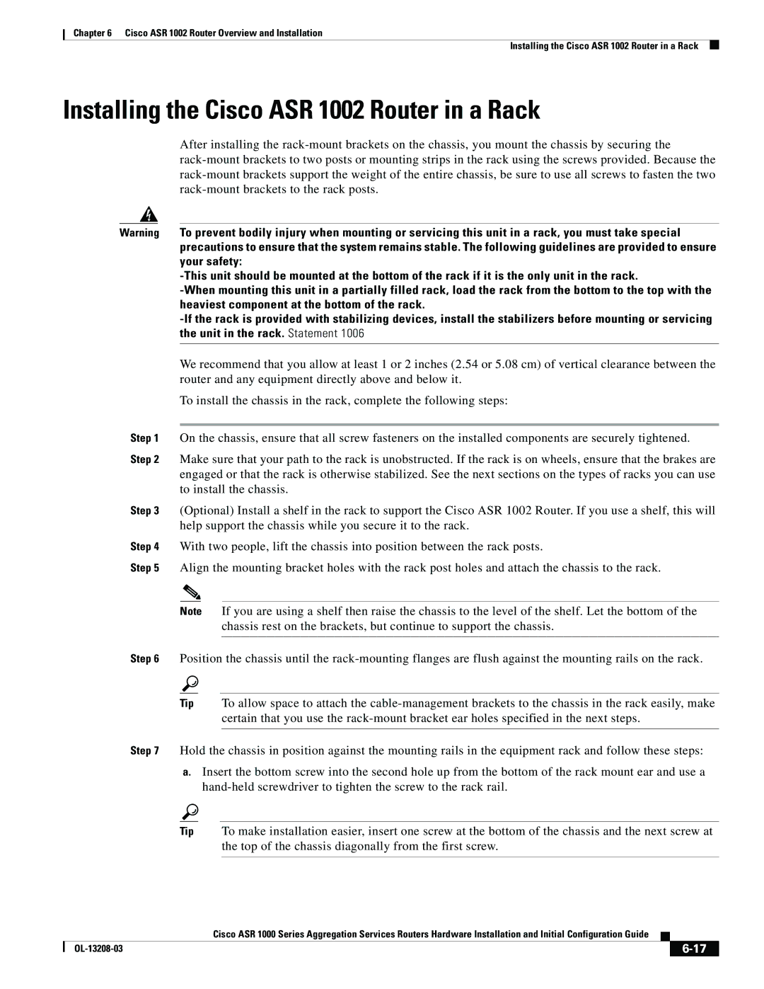 Cisco Systems ASR 1000 Series manual Installing the Cisco ASR 1002 Router in a Rack 