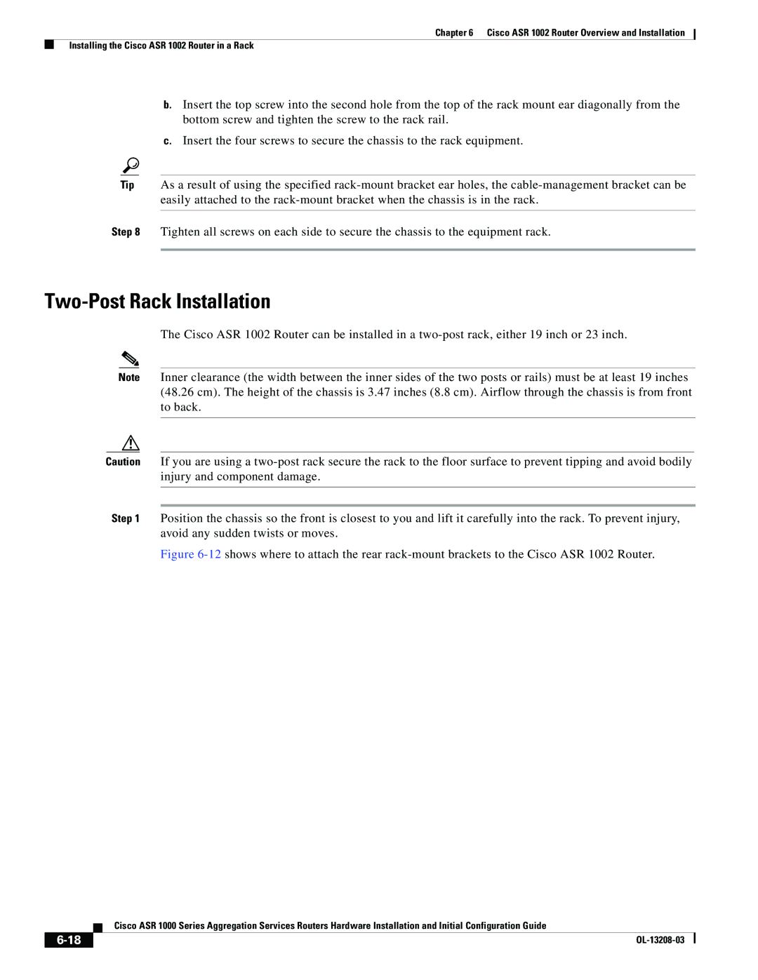 Cisco Systems ASR 1000 Series manual Two-Post Rack Installation 