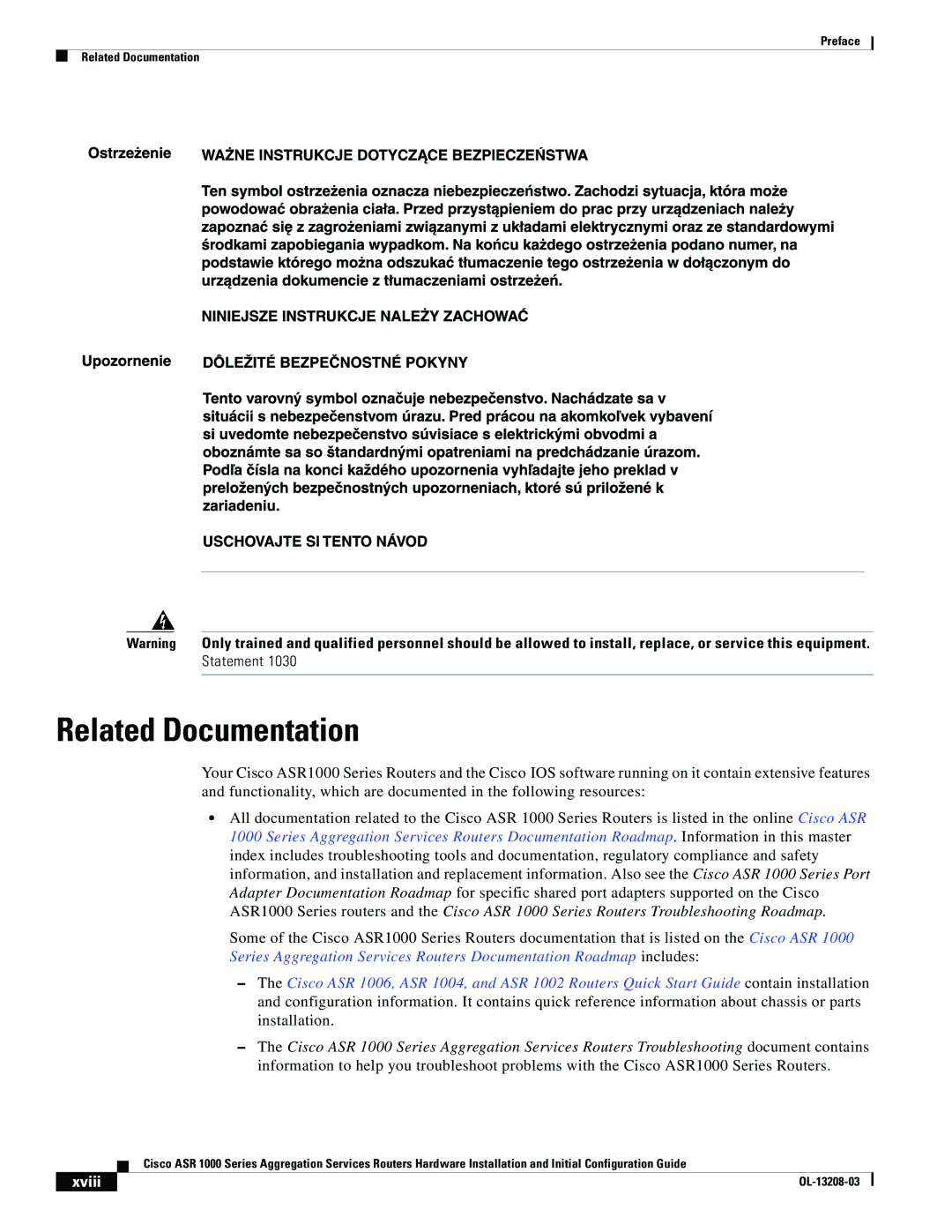 Cisco Systems ASR 1000 Series manual Related Documentation, Xviii 