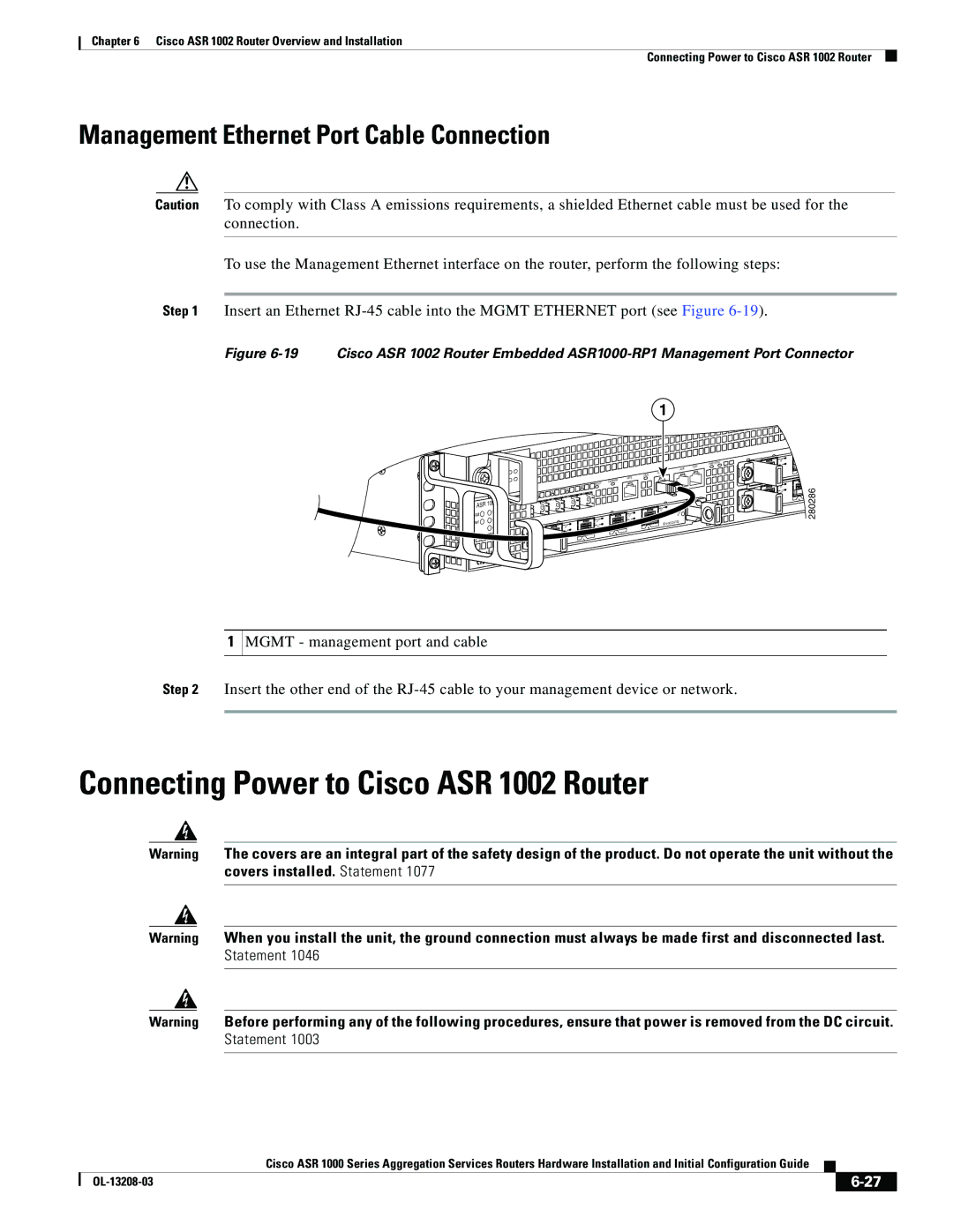 Cisco Systems ASR 1000 Series manual Connecting Power to Cisco ASR 1002 Router, Management Ethernet Port Cable Connection 