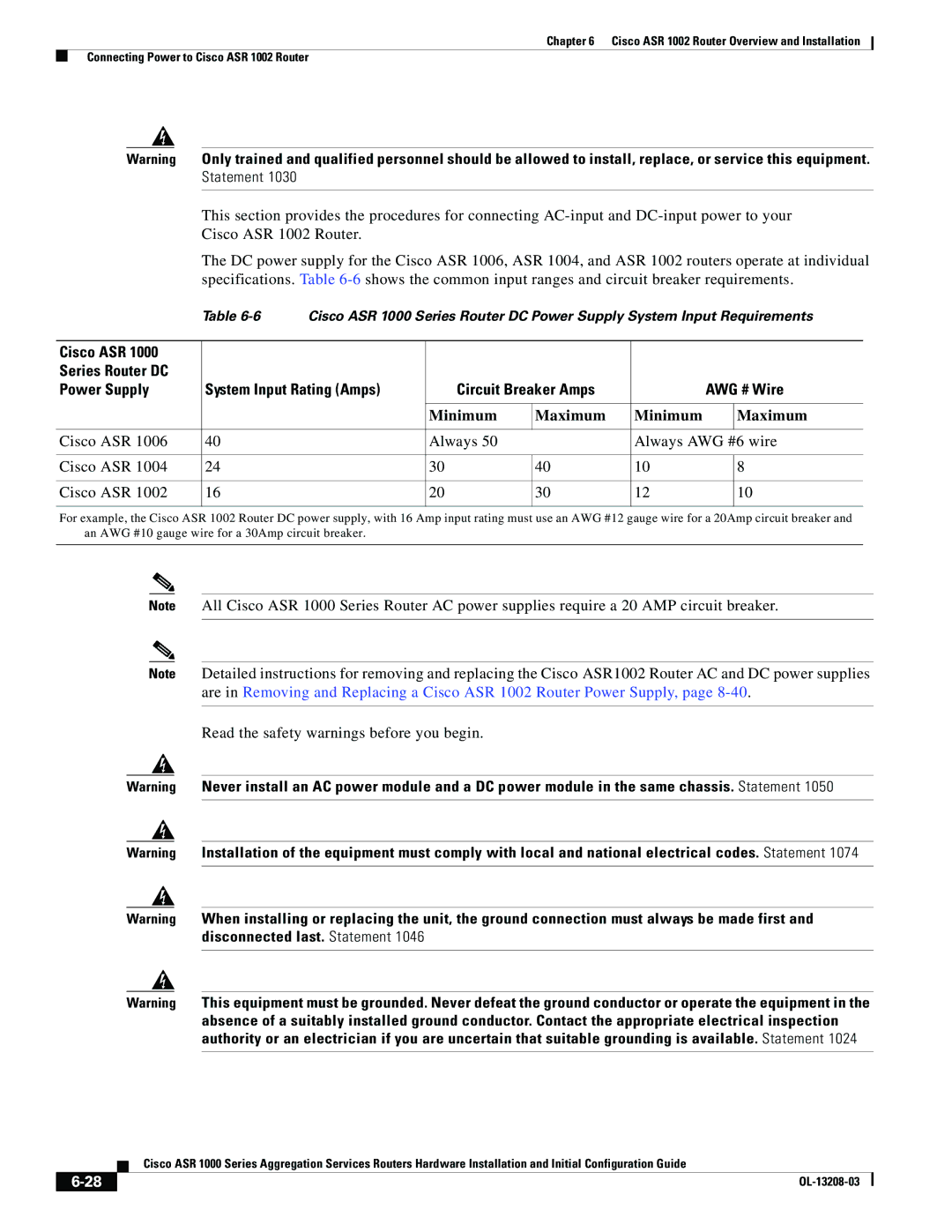 Cisco Systems ASR 1000 Series manual Cisco ASR Always Always AWG #6 wire, Read the safety warnings before you begin 