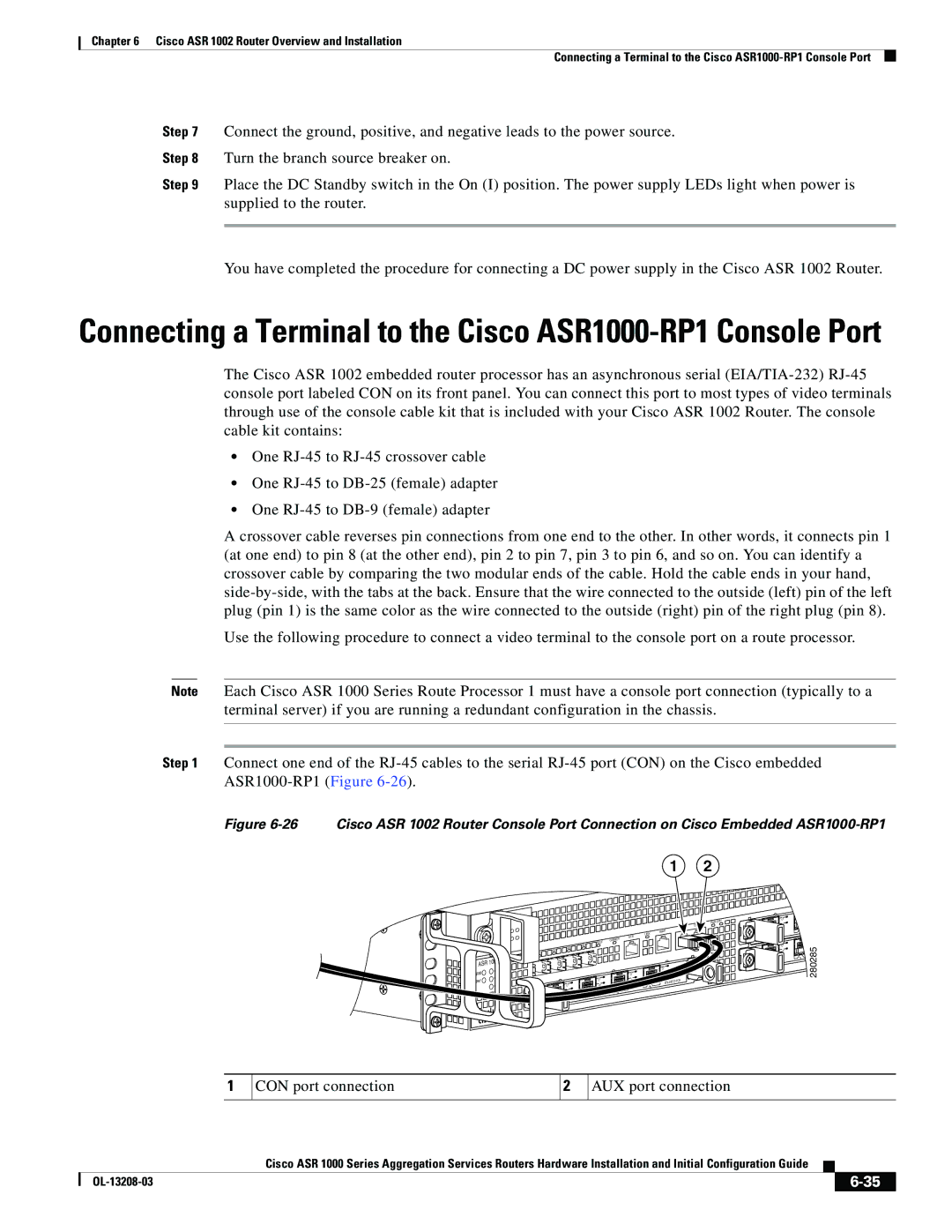 Cisco Systems ASR 1000 Series manual Connecting a Terminal to the Cisco ASR1000-RP1 Console Port 