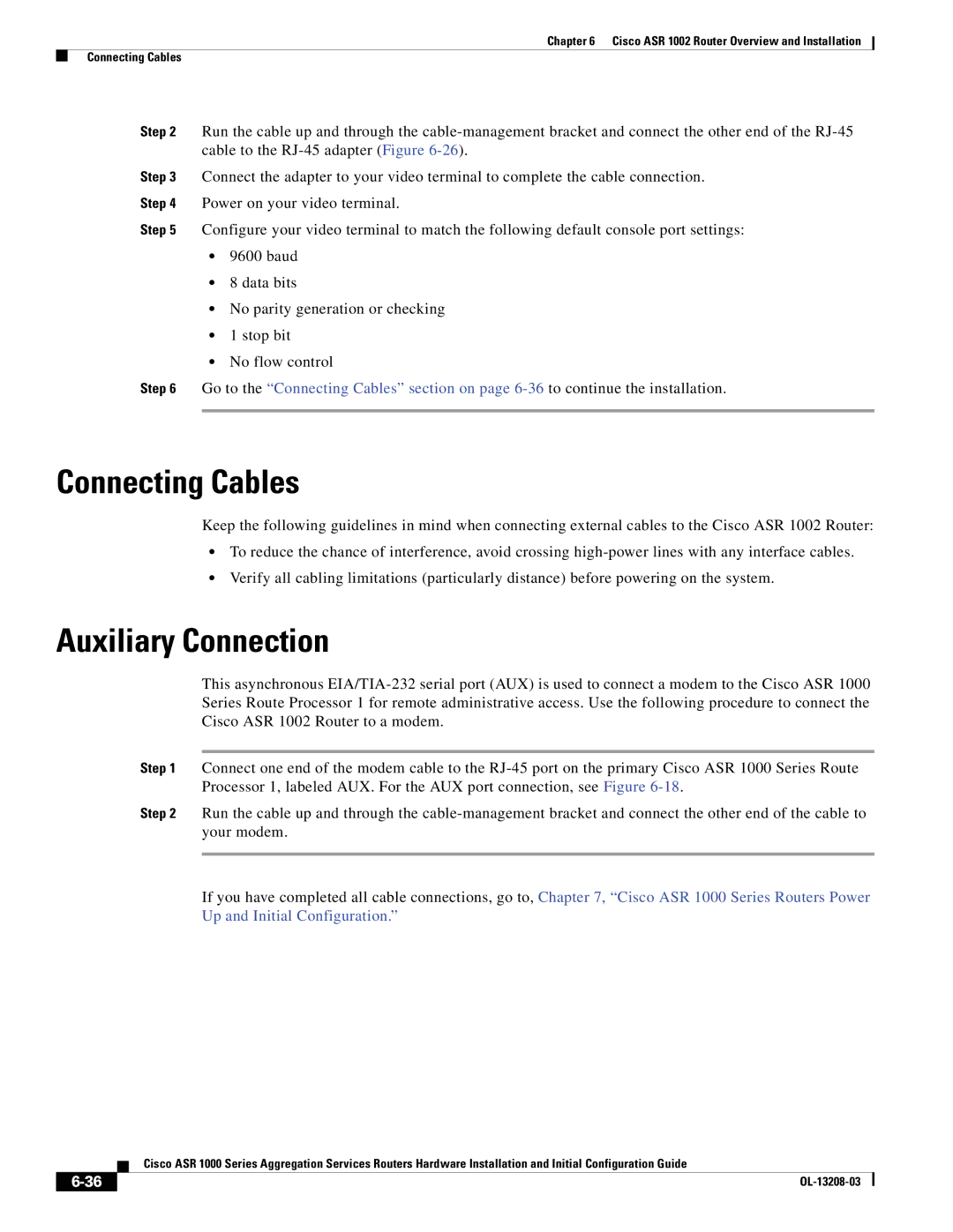 Cisco Systems ASR 1000 Series manual Connecting Cables, Auxiliary Connection 