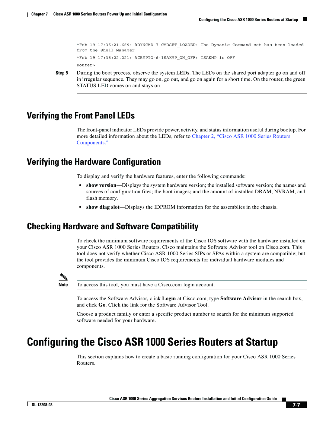 Cisco Systems ASR 1000 Series manual Verifying the Front Panel LEDs, Verifying the Hardware Configuration 