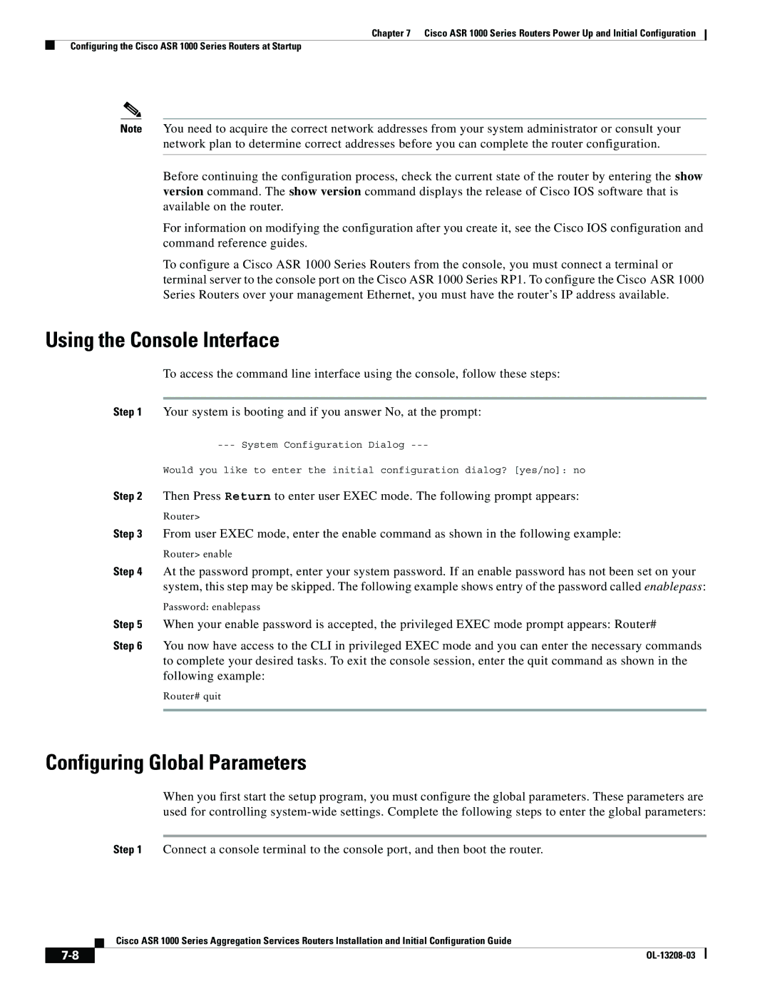 Cisco Systems ASR 1000 Series manual Using the Console Interface, Configuring Global Parameters 